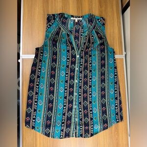 Daniel Rainn Geometric Sleeveless Blouse - Teal and Navy